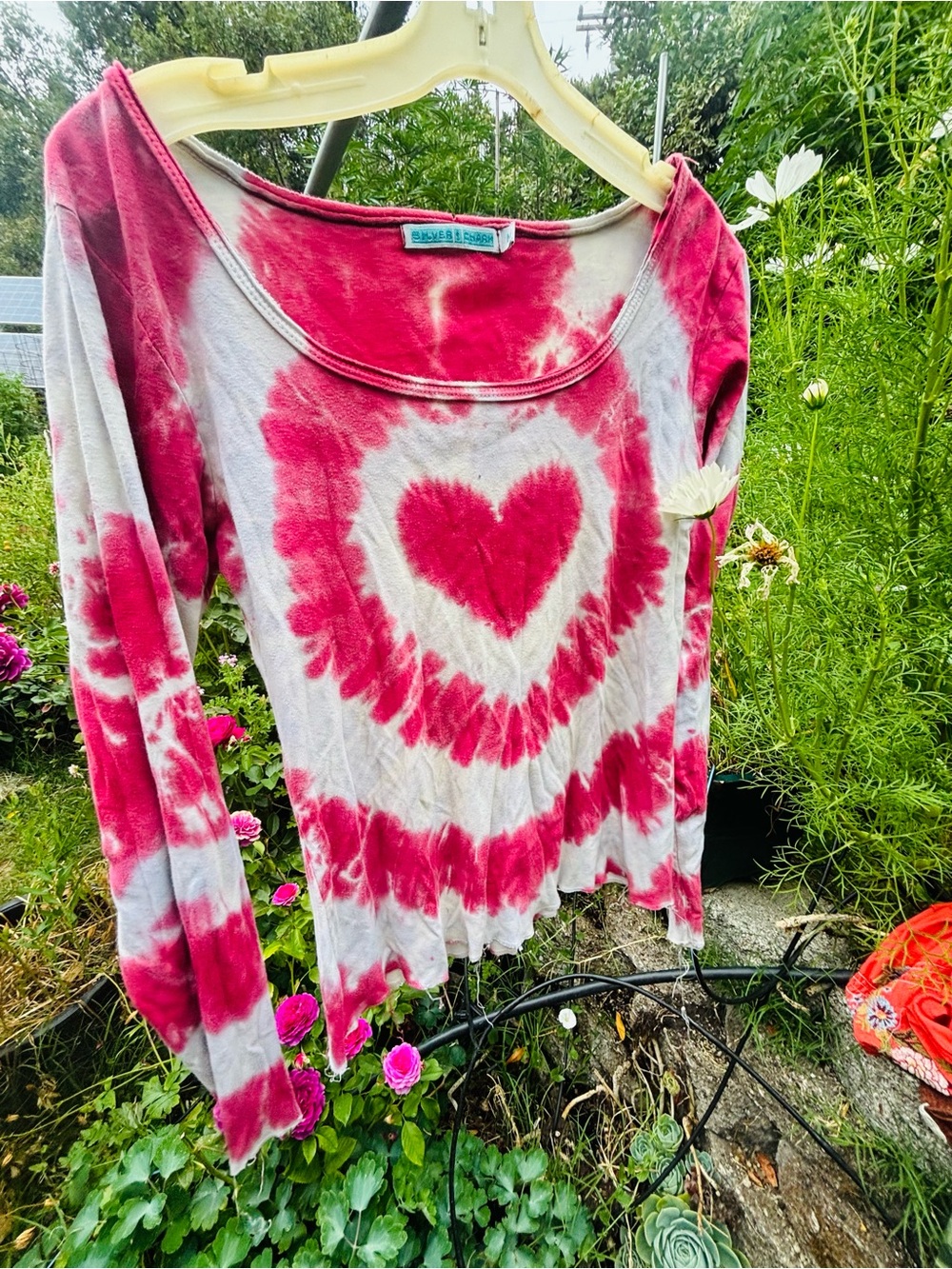 Silver Jeans Women's Long Sleeve Tie-Dye Heart Top - Pink & White